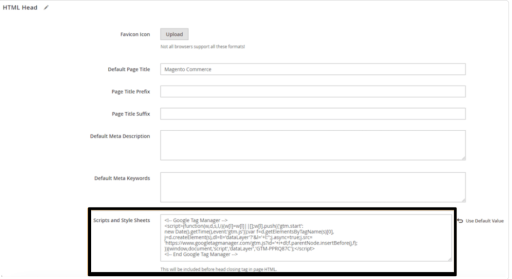Field to Add GTM Code on Magento Store’s HTML Head
