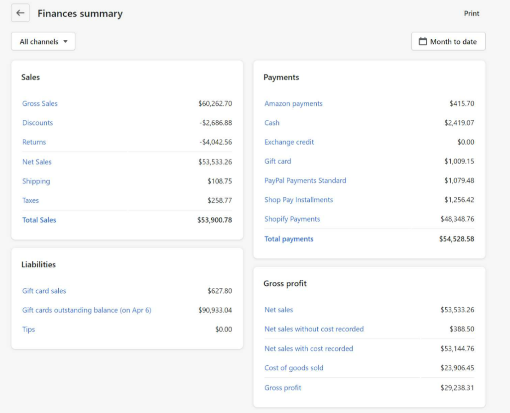 Finance Summary Report of a Shopify Store