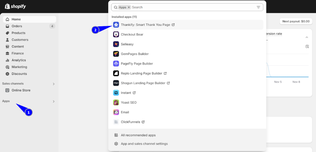 Finding the Thankify app in Shopify admin