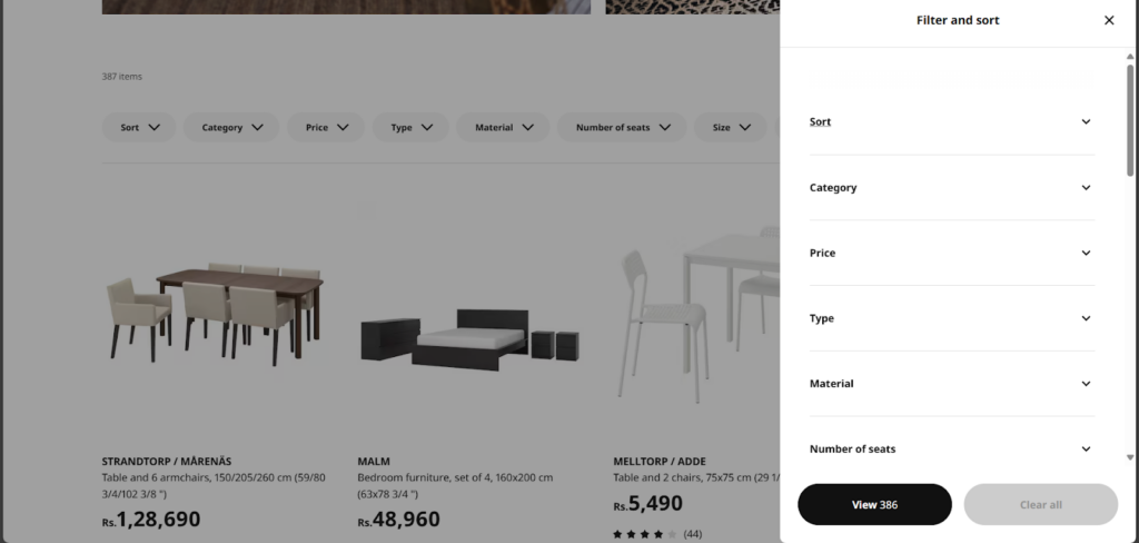 IKEA OFFERING filtering and sorting options