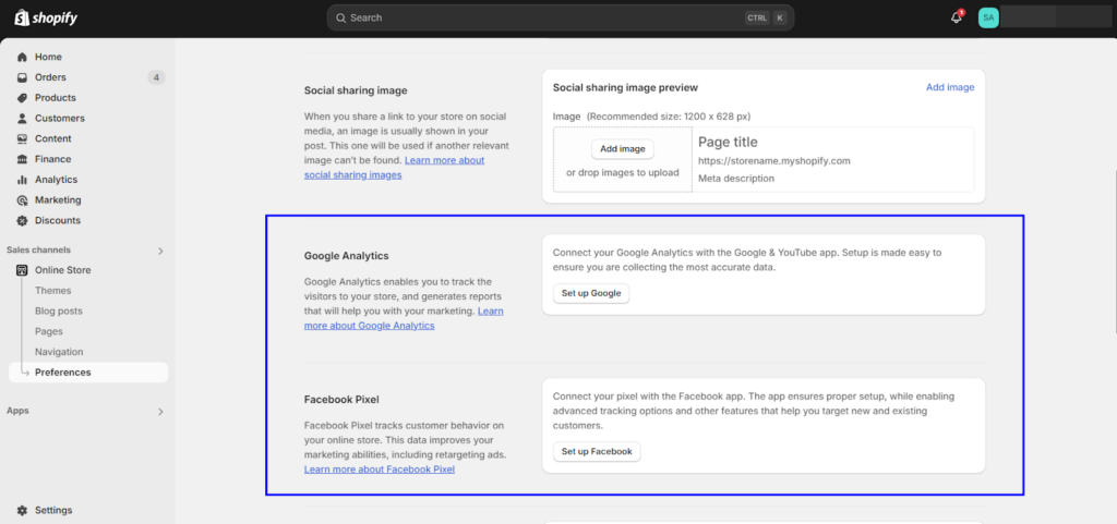 Integrating Google Analytics or adding Facebook pixel in Shopify