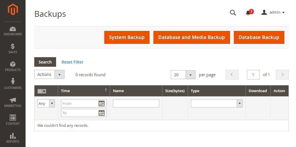 Magento store backup