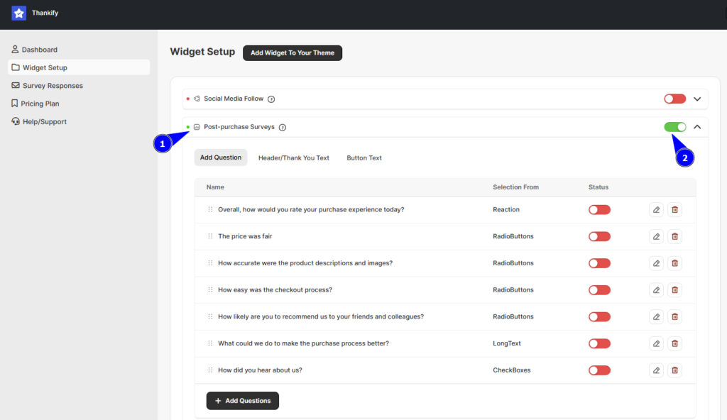 Post-Purchase Surveys widget enabled in the Thankify app