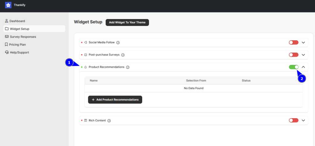 Product Recommendation Widget Setup in Thankify App