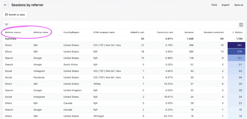 Sessions by Referrer Report for a Shopify Store