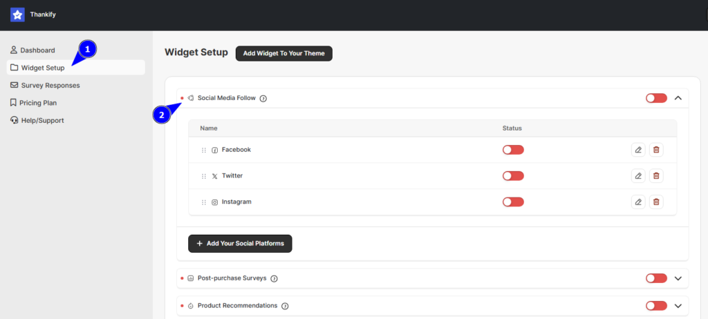 Social Media Follow widget setup in the Thankify app