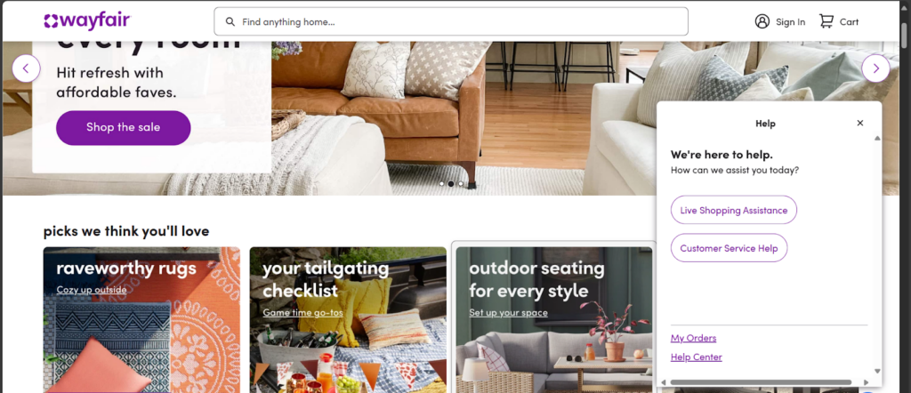 Wayfair with live customer support