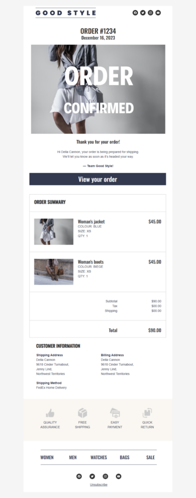 Order Confirmation email