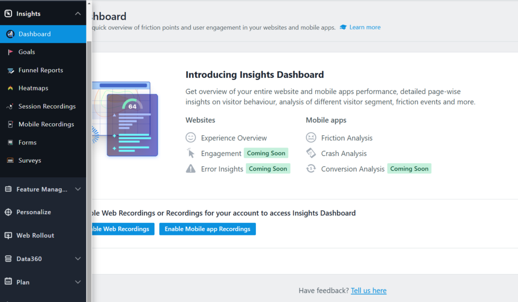 VWO features for Insights and Analytics