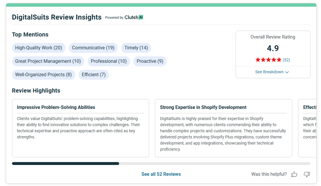 Digital Suits client review highlighting top Shopify web design and performance in 2025