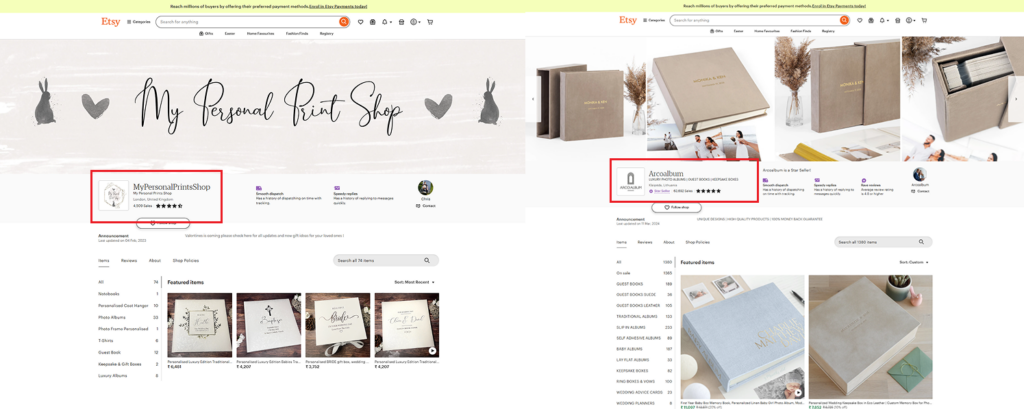 Etsy's standardized store layout shows limited customization options for sellers