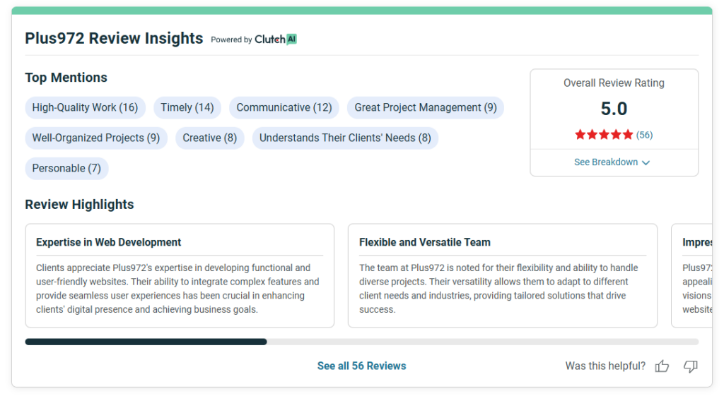 plus 972 review highlighting Shopify web design expertise in 2025
