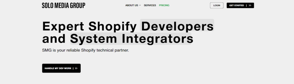 Solo Media Group website featuring their process-driven Shopify development approach and system integration expertise