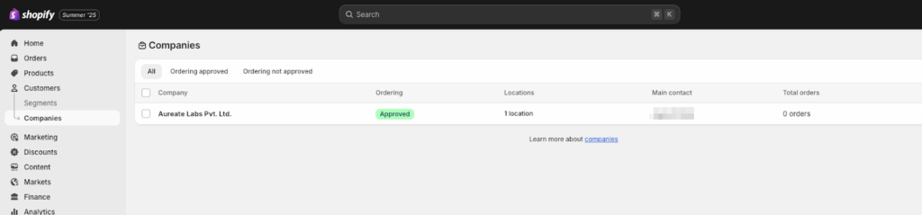 Example of company profiles in Shopify Plus B2B store