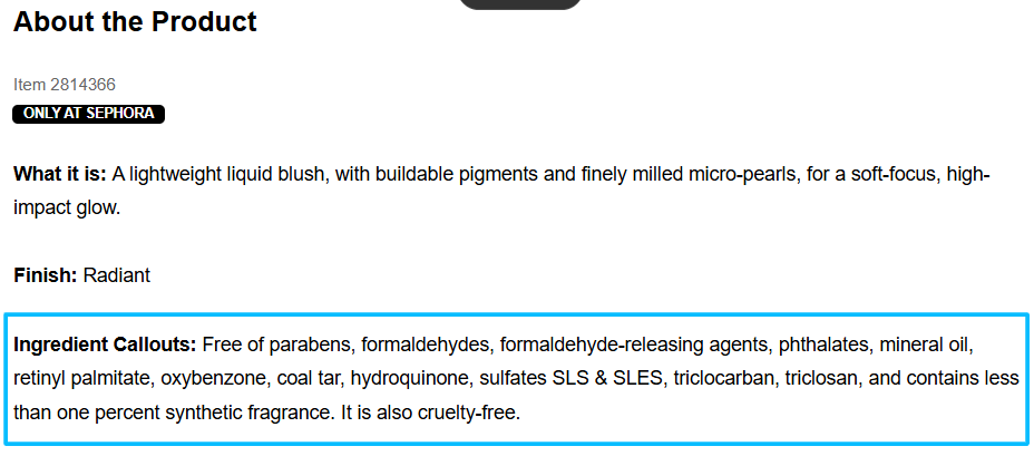 Ingredients section on the Sephora eCommerce site - Features of Makeup and Skincare Ecom Site