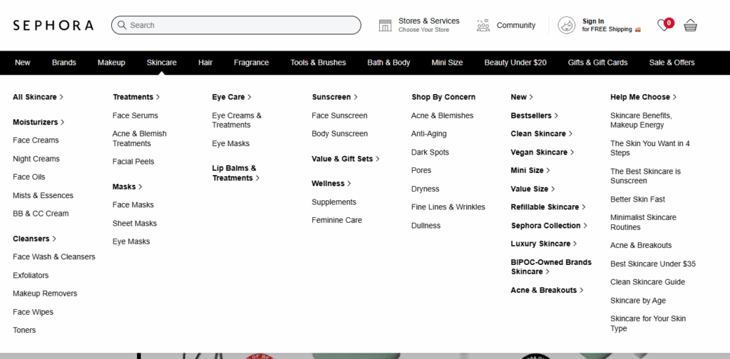 Navigation on Sephora