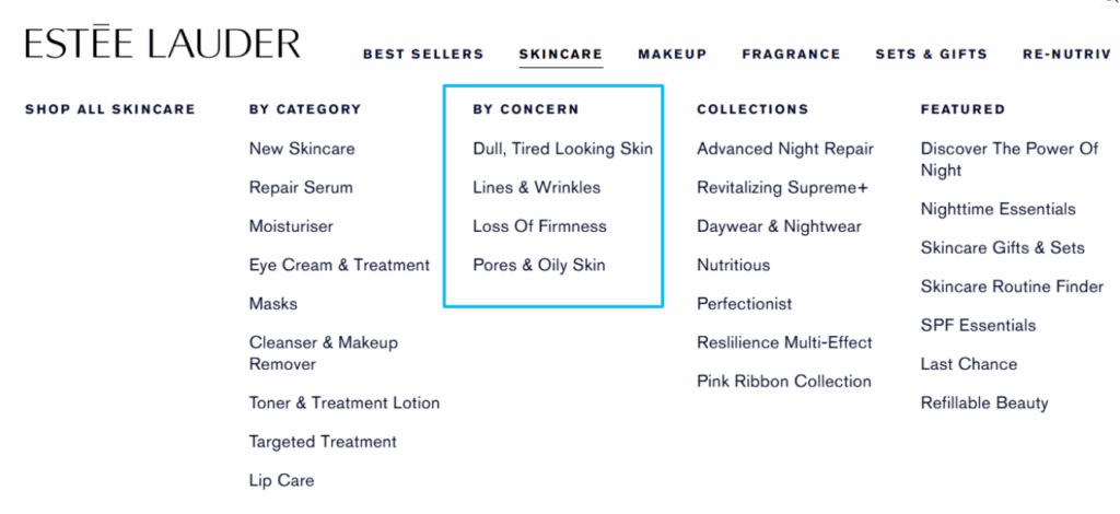 Problem-based Filter on Estee Lauder Store - Features of Makeup and Skincare Ecom Site