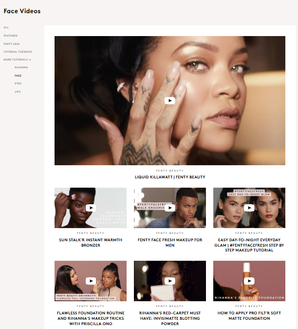 Vlogs and Tutorials on Fenty Beauty - Features of Makeup and Skincare Ecom Site