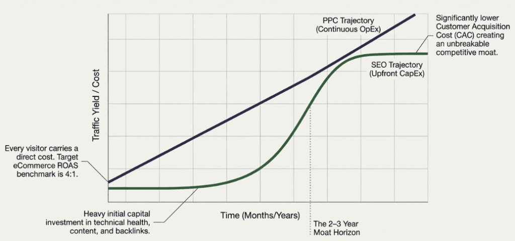 SEO and PPC traffic growth comparison over time