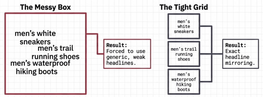 Comparison diagram of messy versus tight ad group structure