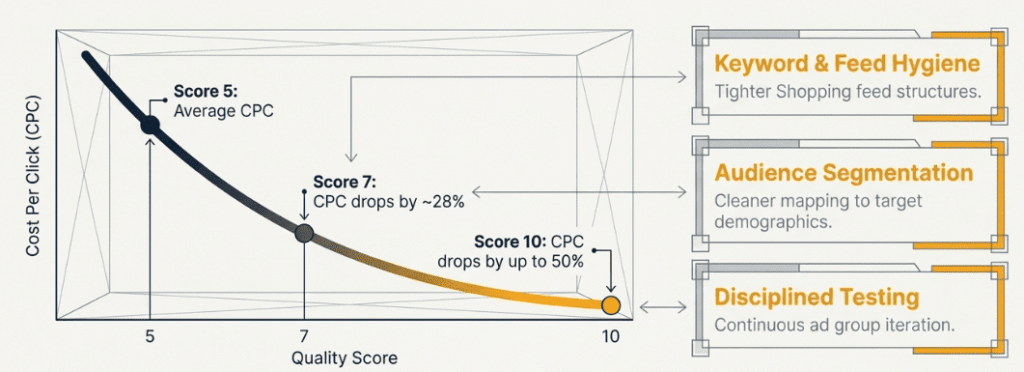 Curve graph showing quality score reducing CPC from five to ten