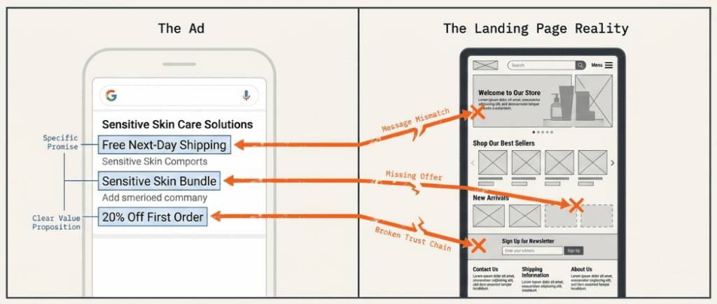 Diagram comparing ad message versus landing page reality
