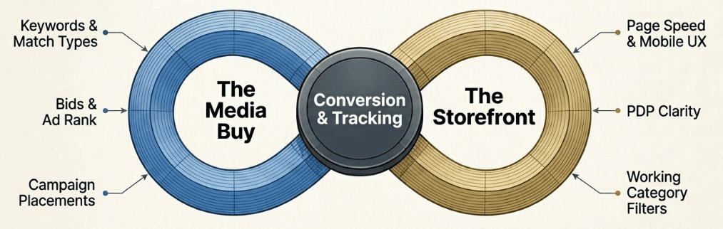 Diagram linking media buy storefront and conversion tracking