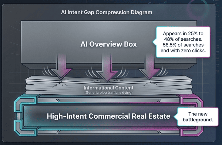 Diagram showing AI overview box compressing organic search intent