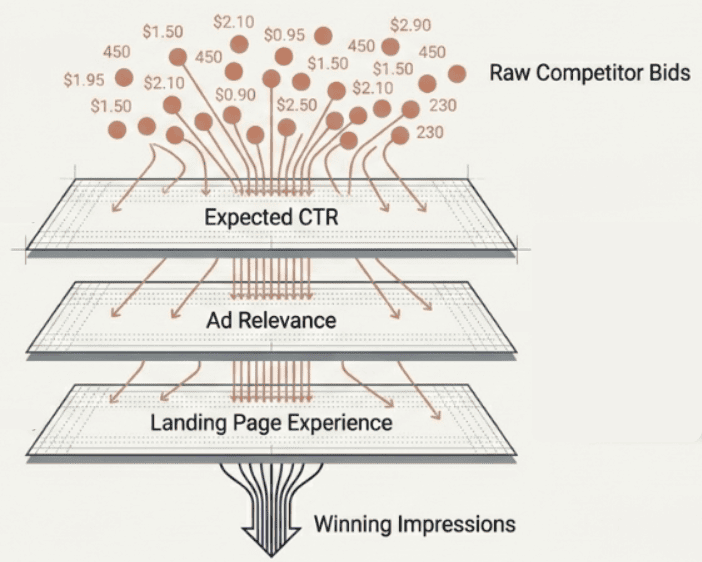Diagram showing Google Ad Rank factors filtering to winning impressions