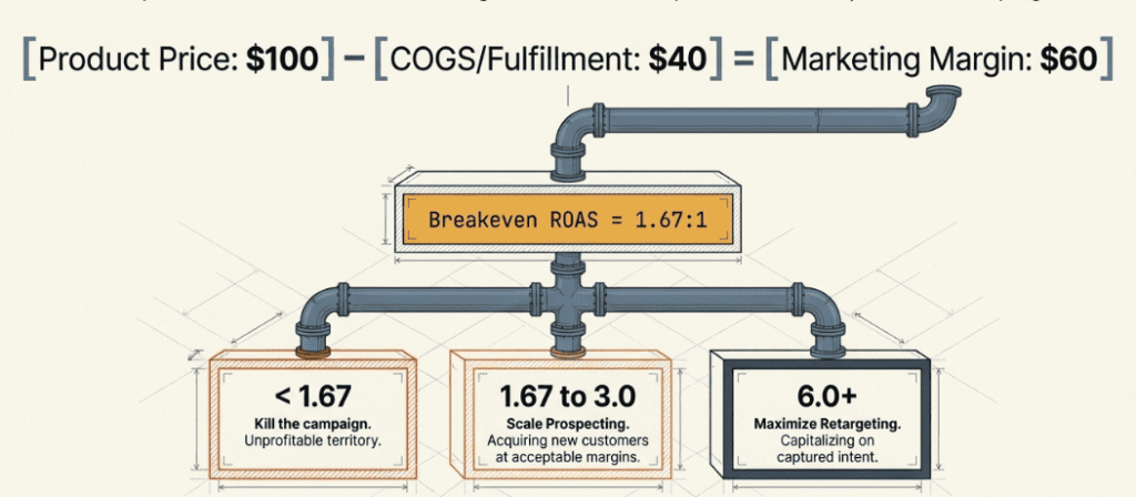 Diagram showing breakeven ROAS and marketing margin calculations