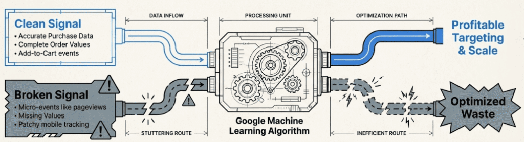 Diagram showing clean versus broken conversion tracking signal paths