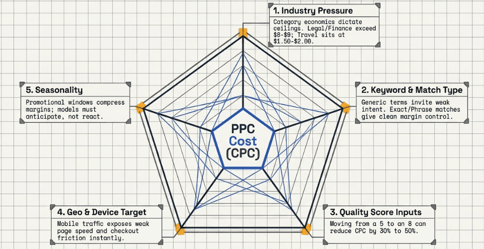 Diagram showing five key PPC cost drivers for D2C