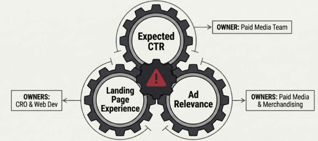 Diagram showing three Google Ads Quality Score components
