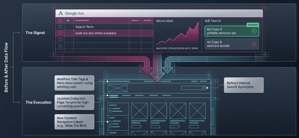 Flow diagram showing paid search signals informing SEO priorities