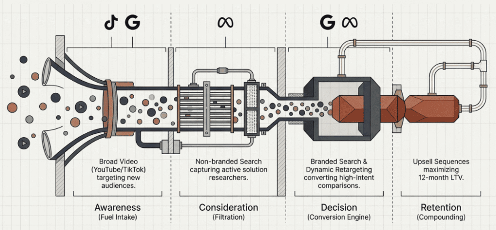 Full funnel marketing diagram covering awareness through retention stages