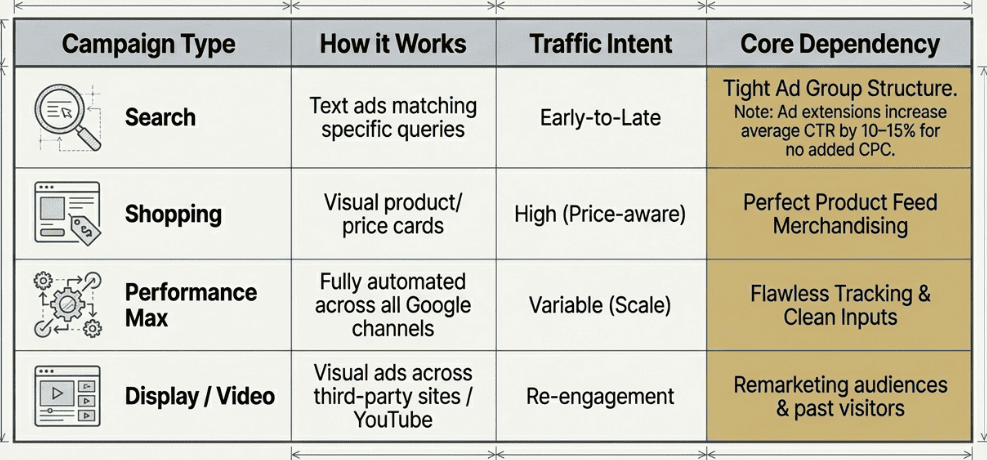 Table comparing four eCommerce Google Ads campaign types