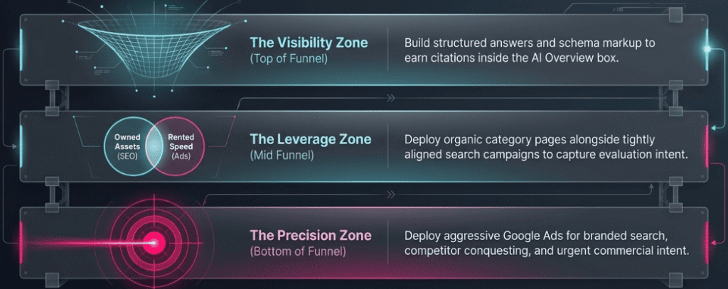 Three funnel zones mapping SEO and Google Ads channels
