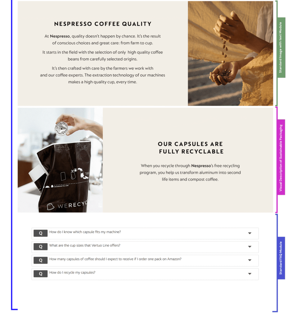 Amazon A+ content modules used by Nespresso - Successful Amazon Brand Showcases
