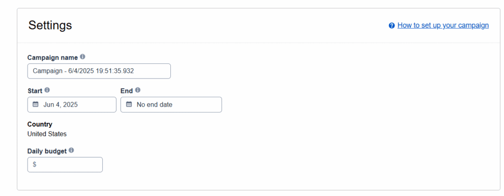 Amazon Ads campaign settings screen with options for budget, bidding strategy, and targeting
