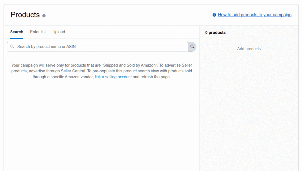 Amazon Ads interface showing product list selection during campaign creation.
