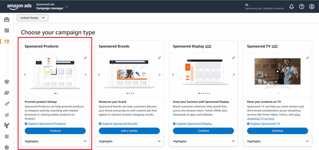 Amazon Ads screen showing campaign type selection options