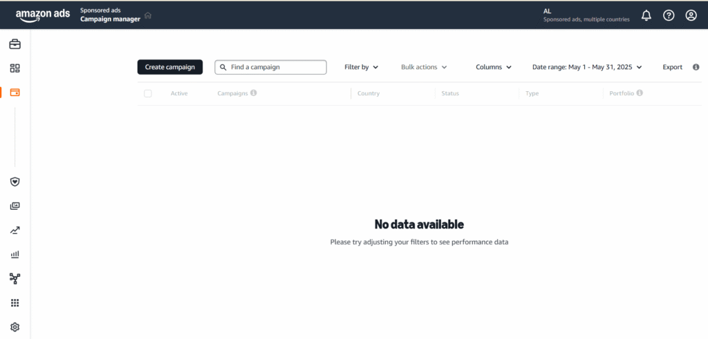 Amazon Seller Central dashboard highlighting the Campaign Manager navigation option