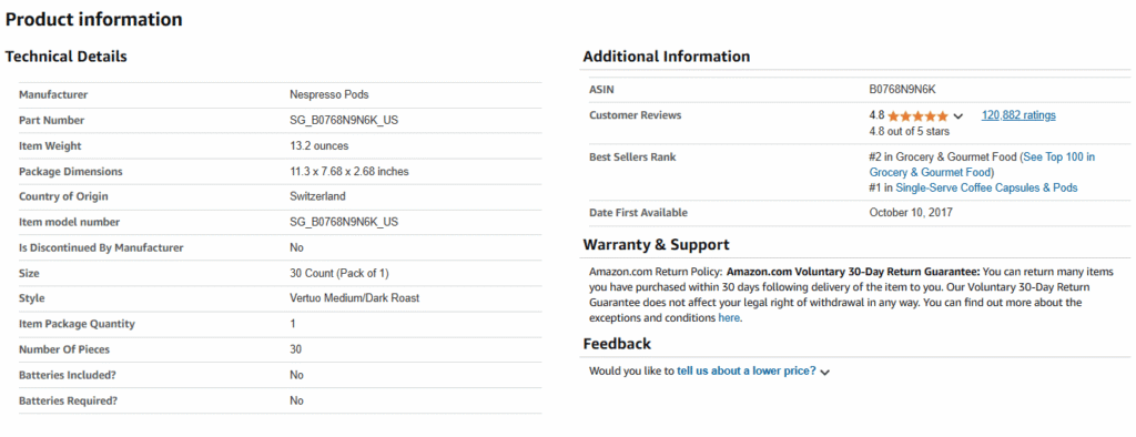Nespresso – Amazon Product Listing Product detail