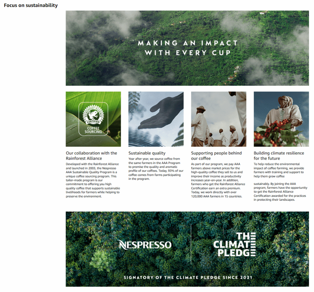 trust factors on product detail page of Nespresso - Successful Amazon Brand