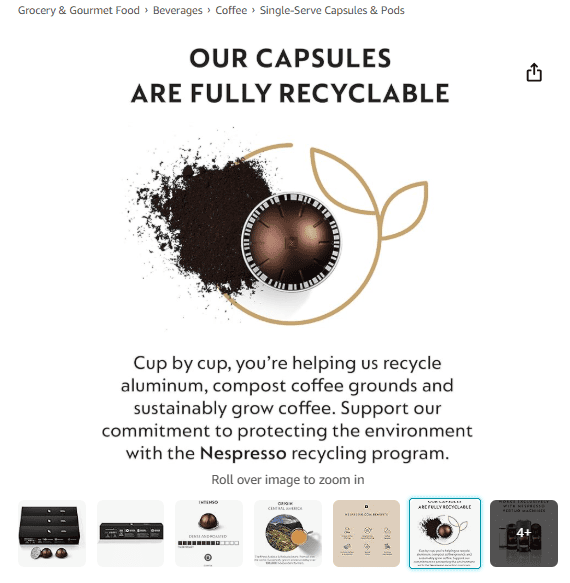 trust factors on product detail page of Nespresso - Successful Amazon Brand Showcases