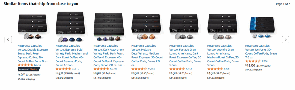 upselling & cross selling on product detail page of Nespresso - Amazon Brand Showcases