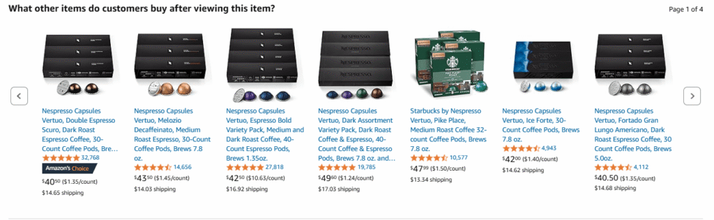 upselling & cross selling on product detail page of Nespresso - Successful Amazon Brand Showcases
