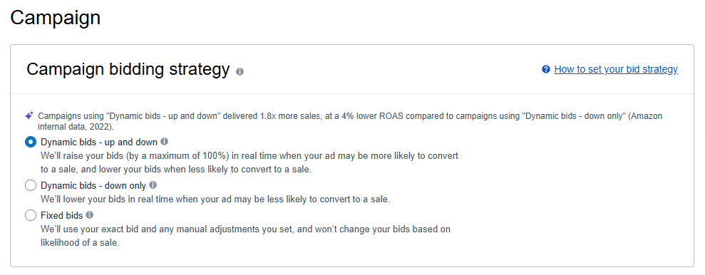 Amazon PPC campaign bidding strategy options