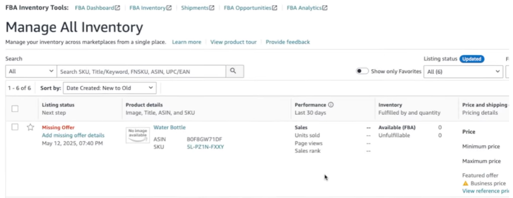 Amazon Seller Central inventory dashboard