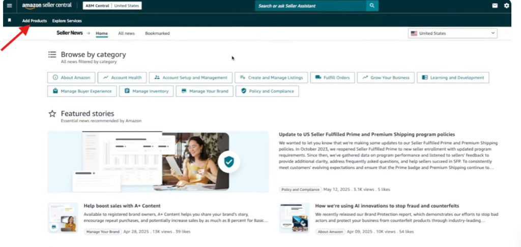 Amazon Seller Central login page with account access form